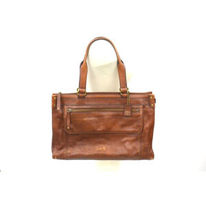 Vtg Fossil X-Large Cognac Brown Genuine Leather Satchel Tote Shoulder Handbag